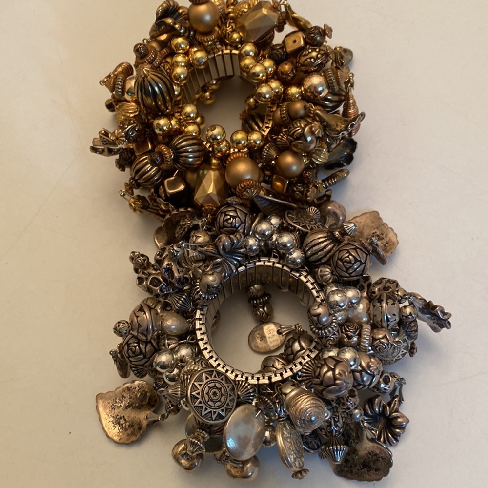 2 Vintage Stretchy Jingly Bracelets, gold and silver